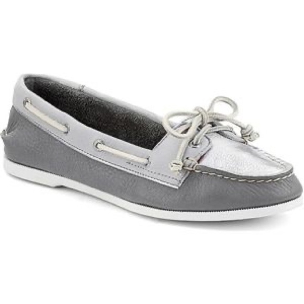 Sperry Topsider Audrey Leather Boat Shoe Silver Charcoal Grey Rawhide Ties